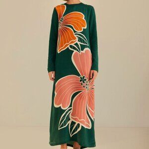 NWT Farm Rio Green Honolulu Flowers Long Sleeve Maxi Dress - S